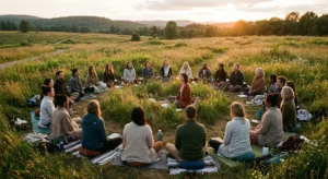 ercle de personnes en pleine introspection en pleine nature